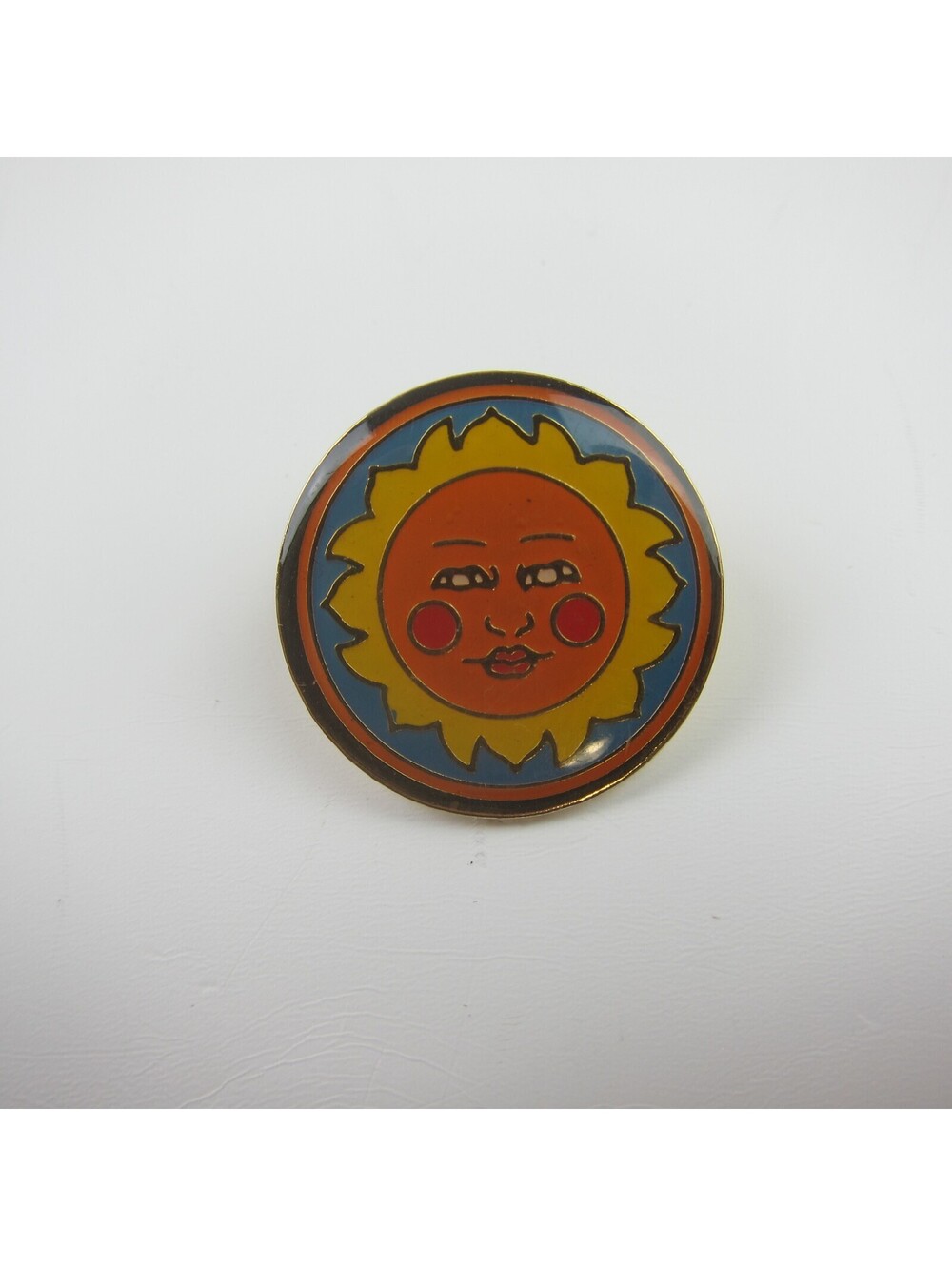 Vintage Sun Lapel Pin Tie Tack Gold Tone Metal & Blue Orange Red Enamel Retro